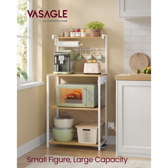 4-Tier Kitchen Bakers Rack with Built-in Power Strip, 2 Outlets & Adjustable Shelf, Microwave Stand with 8 Hooks, Golden Oak and Cloud White