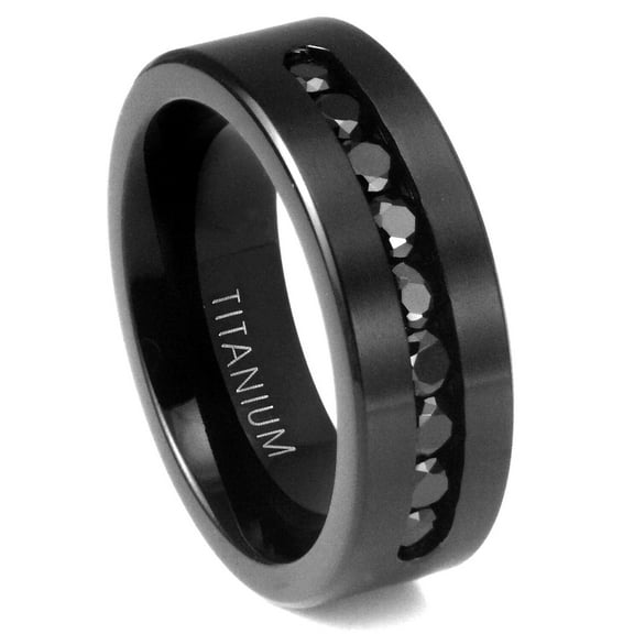 Sz 10.0 Men's Black Titanium Ring Wedding Engagement Band With 9 Large Channel Set Black CZ, 8mm
