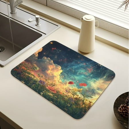 

Wobogo Beautiful Flower Sea Dish Drying Mats Diatomaceous Earth Super Absorbent Non-slip Rubber Sole 23.6×19.7in