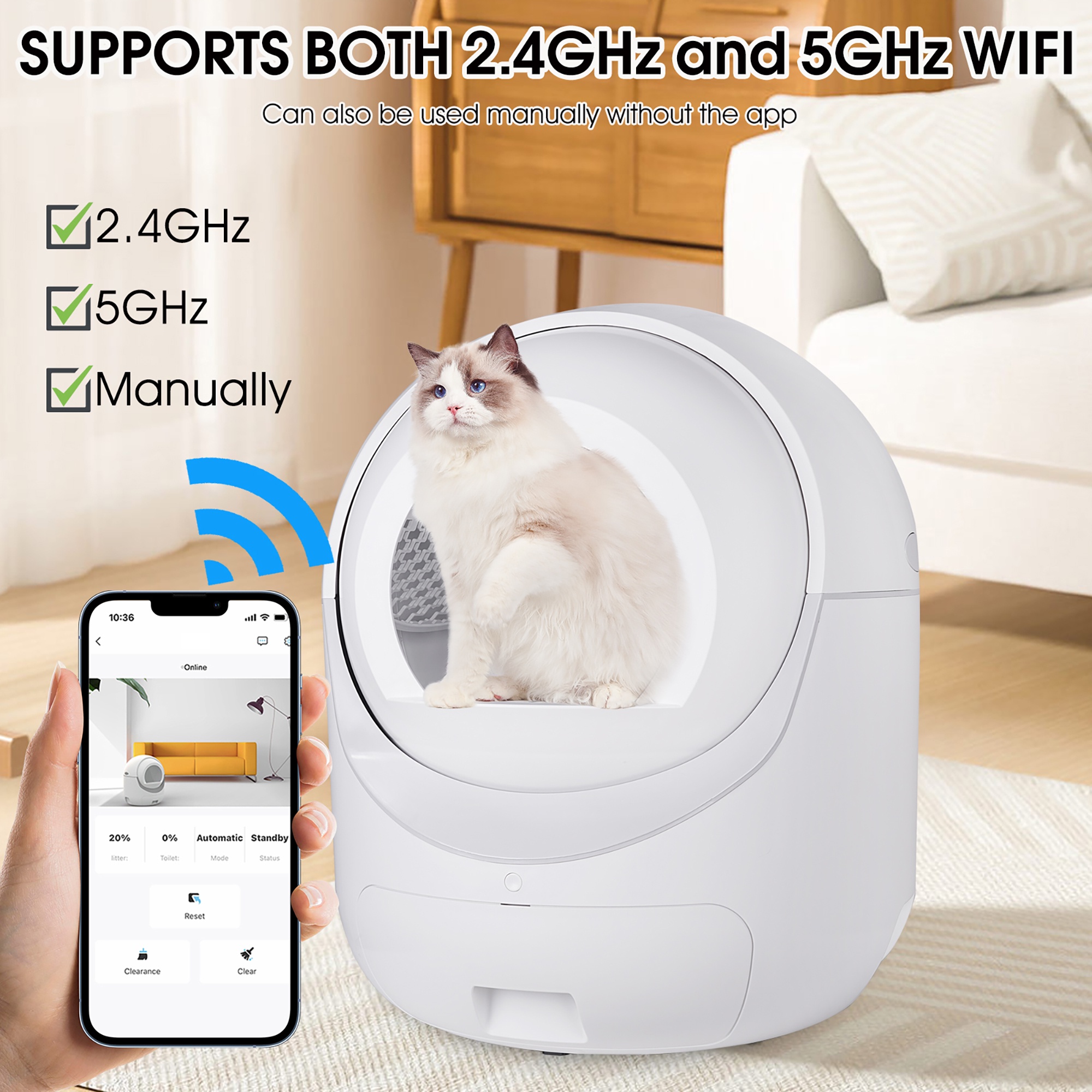 Holaki Smart Automatic Cat Litter Box, Self-Cleaning with App Control, Safety Sensors, Double Odor Removal, Large Capacity for Multiple Cats, Supports 5G & 2.4G WiFi