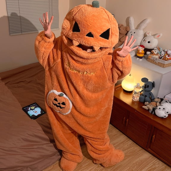 Unisex Halloween Pumpkin Onesie Pajamas, Ultra-Soft Plush Fleece Animal One-Piece Hooded  Jumpsuit, Funny Cute Pumpkin Cosplay Homewear Loungewear Sleepwear for Adults and Teens