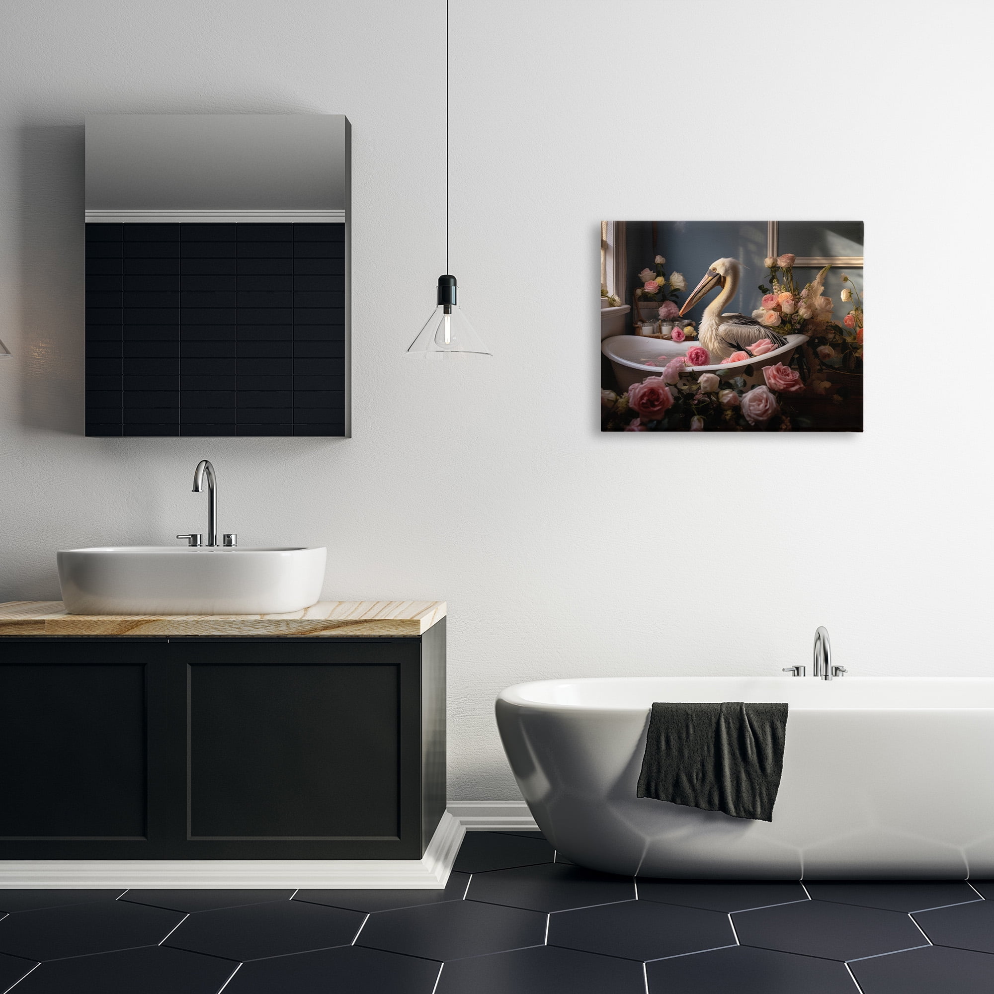 Stupell Industries Pelican in Rose Filled Tub Animals & Insects Painting Gallery Wrapped Canvas Art Print Wall Art, 30 x 24