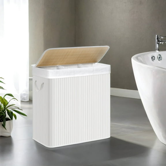 LEDREM Laundry Hamper 3-Section, 39.6 Gallons Bamboo Laundry Basket with Lid, Foldable Removable Washable Liner,White