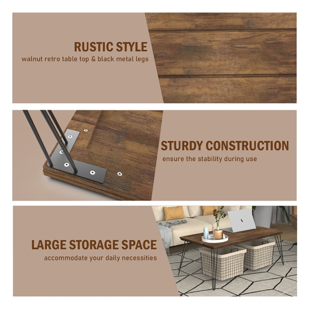 Finihen Wooden Coffee Table, Wood and Metal Rustic Cocktail Table, 43.5 Inch Wooden Rectangular Coffee Table with Metal Legs, for Living Room, Reception Room, Office, Brown