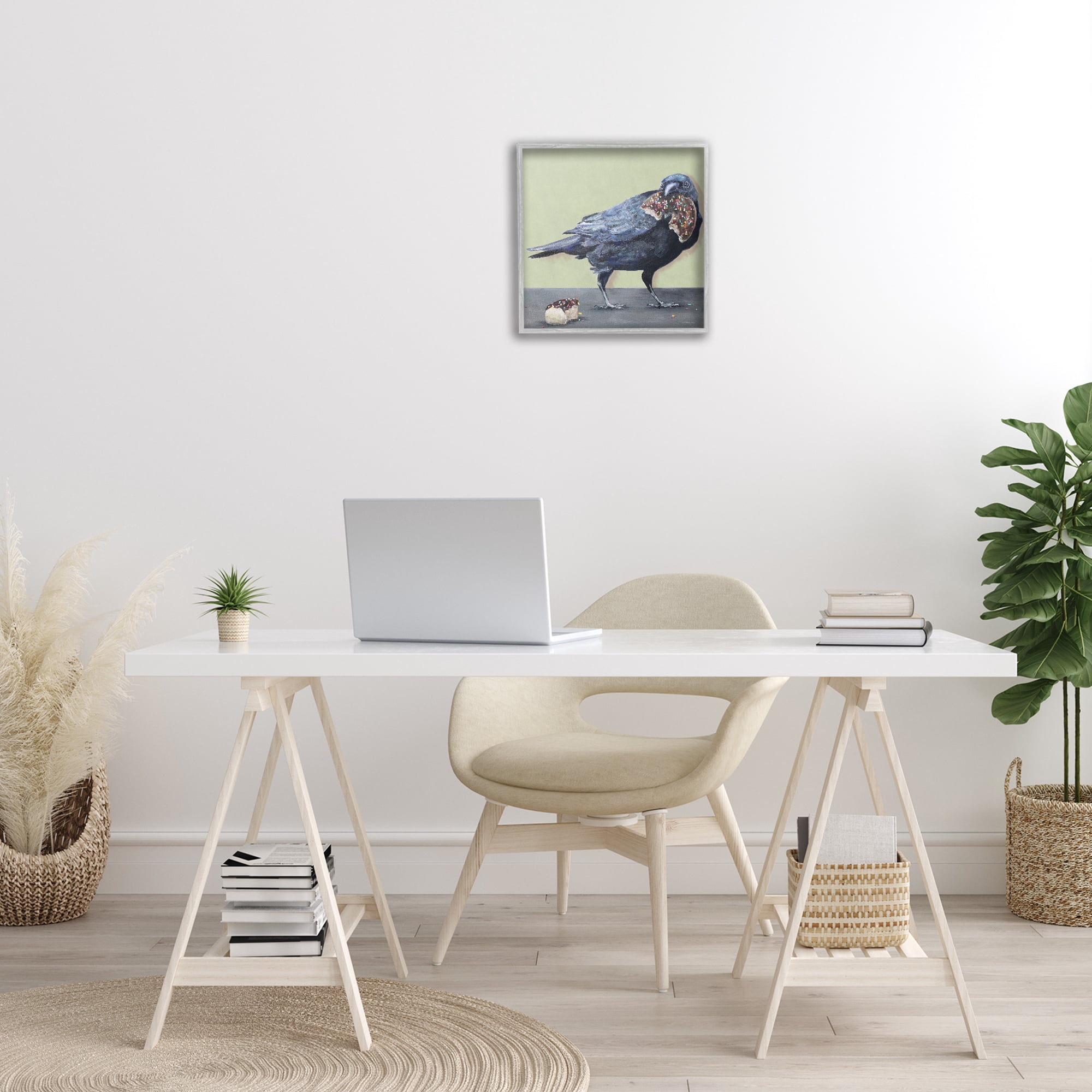 Stupell Industries Crow Eating Donut Food & Beverage Painting Gray Framed Art Print Wall Art, 17 x 17