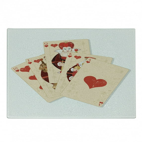 Alice in Wonderland Cutting Board, Crown Gambler Queen Hearts Royal Flush Face Magic Theme, Decorative Tempered Glass Cutting and Serving Board, Small Size, Brown Red and Ecru, by Ambesonne