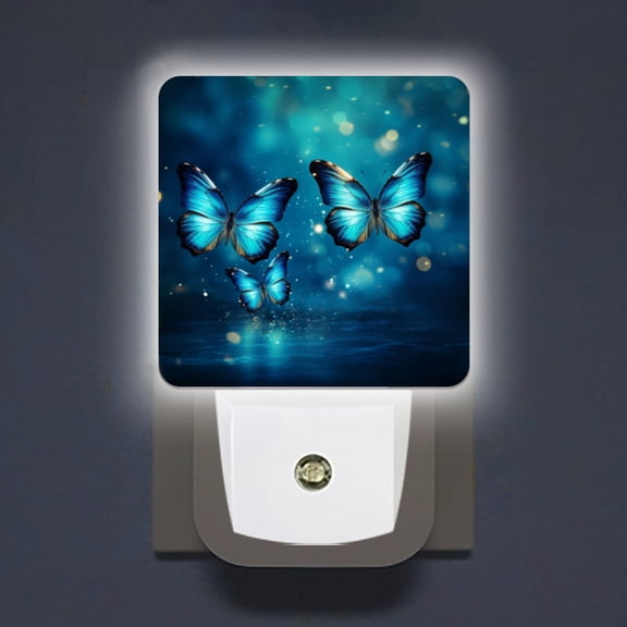 LED Night Lights Lamp with Dusk to Dawn Sensor, Beautiful Blue Butterflies Flying In The Dark Night Sky Night Light Plug Into Wall for Kids Room, Bedroom, Bathroom, Kitchen, Hallway