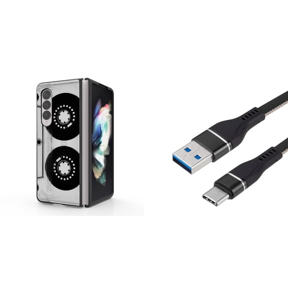 Accessory Bundle for Galaxy Z Fold 4: Slim Snap-On Case (Retro Cassette Tape), Nylon Braided USB-C to USB-A Cable (3 Feet)