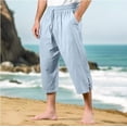 thumbnail image 2 of WTOBBY Men's Cotton Linen Cropped Beach Pants for Summer Vacation, Elastic Drawstring Waist with Quick-Dry Fabric and Comfortable Design for Swimming and Outdoor Activities ,Light Blue XL, 2 of 3