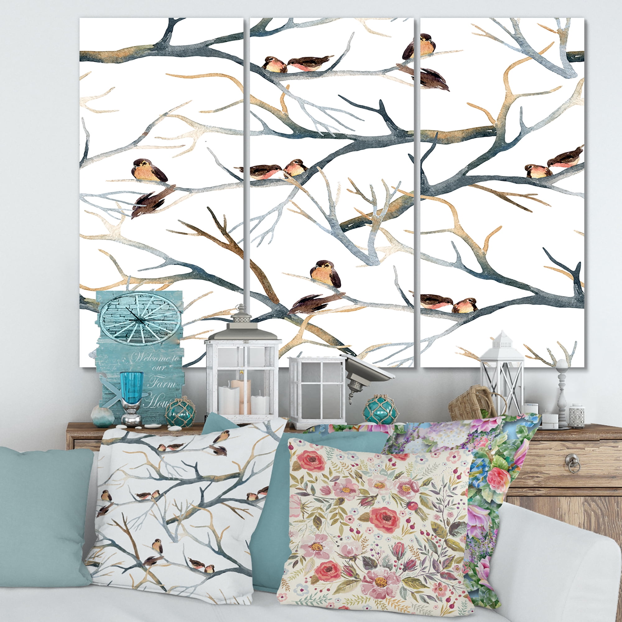 Designart ' Little Birds Sitting On The Tree Branches I ' Traditional Canvas Wall Art Print