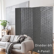 XF XINFENG 4-Panel Foldable Wooden Woven Room Divider, Home/Office, 6 ft, Gray