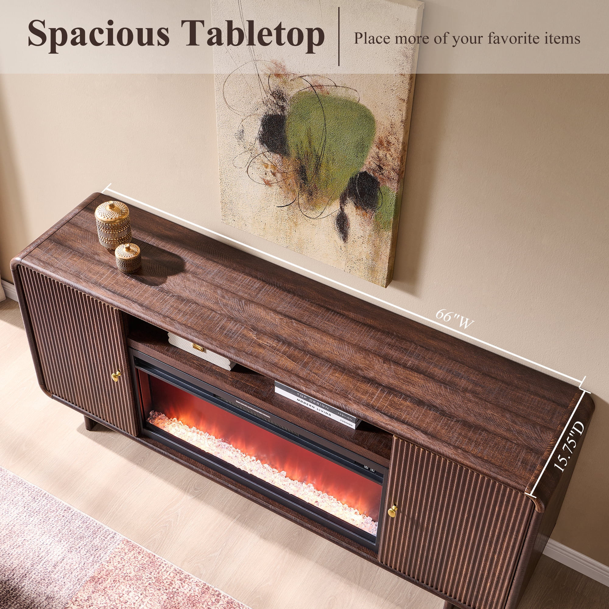 SinCiDo 70" Fluted Fireplace TV Stand for 80 Inch TV, Modern Entertainment Center w/36'' Electric Fireplace, Curved Profile Design for Living Room, Brown