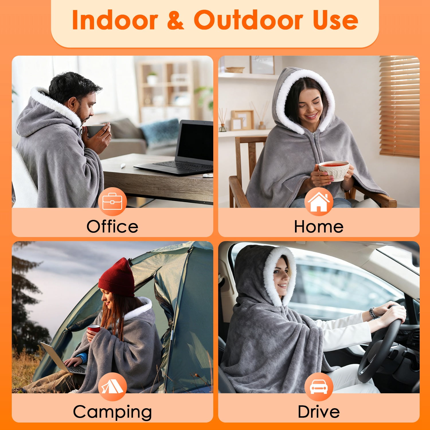 Imountek Wearable Heated Blanket with 8 Heating Zones, 3 Temperature Levels, Machine Washable Flannel, Portable USB Electric Heating Throw for Indoor Outdoor Use, Beige