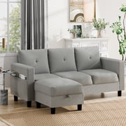 Walsunny 76.4 Convertible Sectional Sofa, L Shaped Sectional Sofa with Side Pocket, 3 Seat Sofa Couch with Storage Ottoman for Small Living Room, Apartment, Bedroom, Light Gray