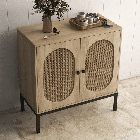 Rattan Sideboard Buffet Cabinet Boho Wooden Storage Console with Glass Doors Shelves Freestanding Entryway Organizer for Living Room Dining Room Kitchen Home Office