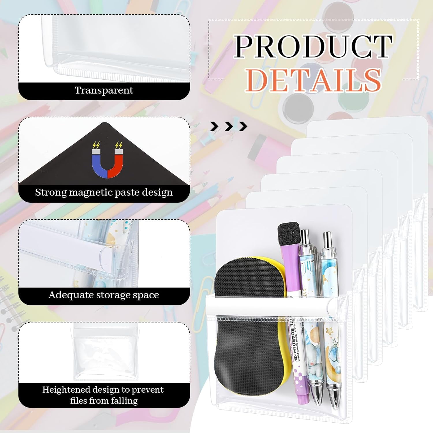 6 Pcs Magnetic Pen Marker Holders, Magnetic Pocket Pouch 4.7 x 6.5 Clear File Holder for Fridge Whiteboard Locker, Magnet Pen Dry Erase Marker Storage Organizer Accessories(White)