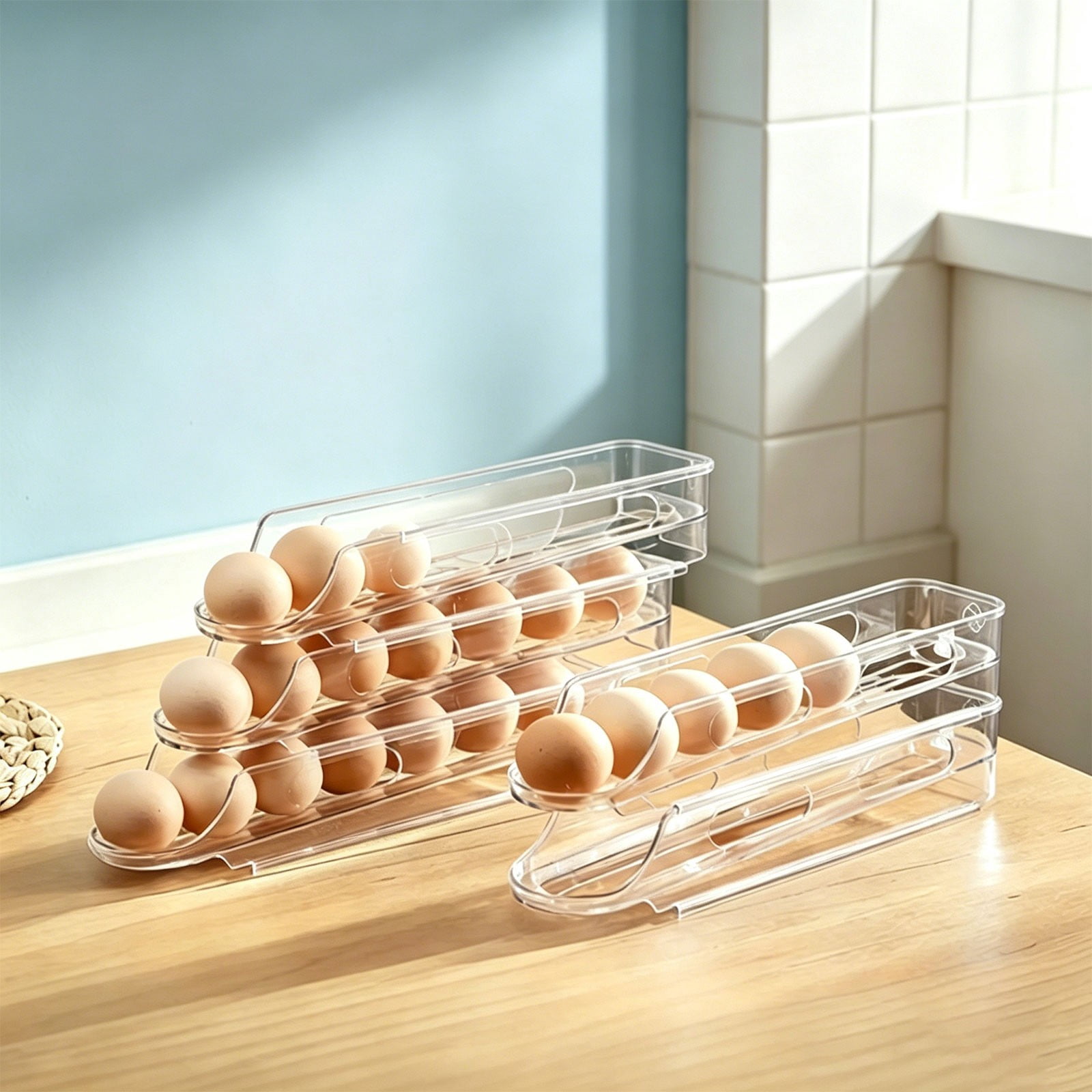 Auto Rolling Egg Holder,Plastic Transparent Egg Dispenser,Stackable Egg Storage Organizer for Refrigerator,Egg Container,Stackable Egg Holder for Kitchen Countertop Storage and Organization,3-Tier