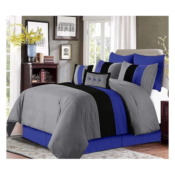 Loft 8-Piece California King Comforter Set, Gray/Blue/Black Luxury Striped Bedding for All Season