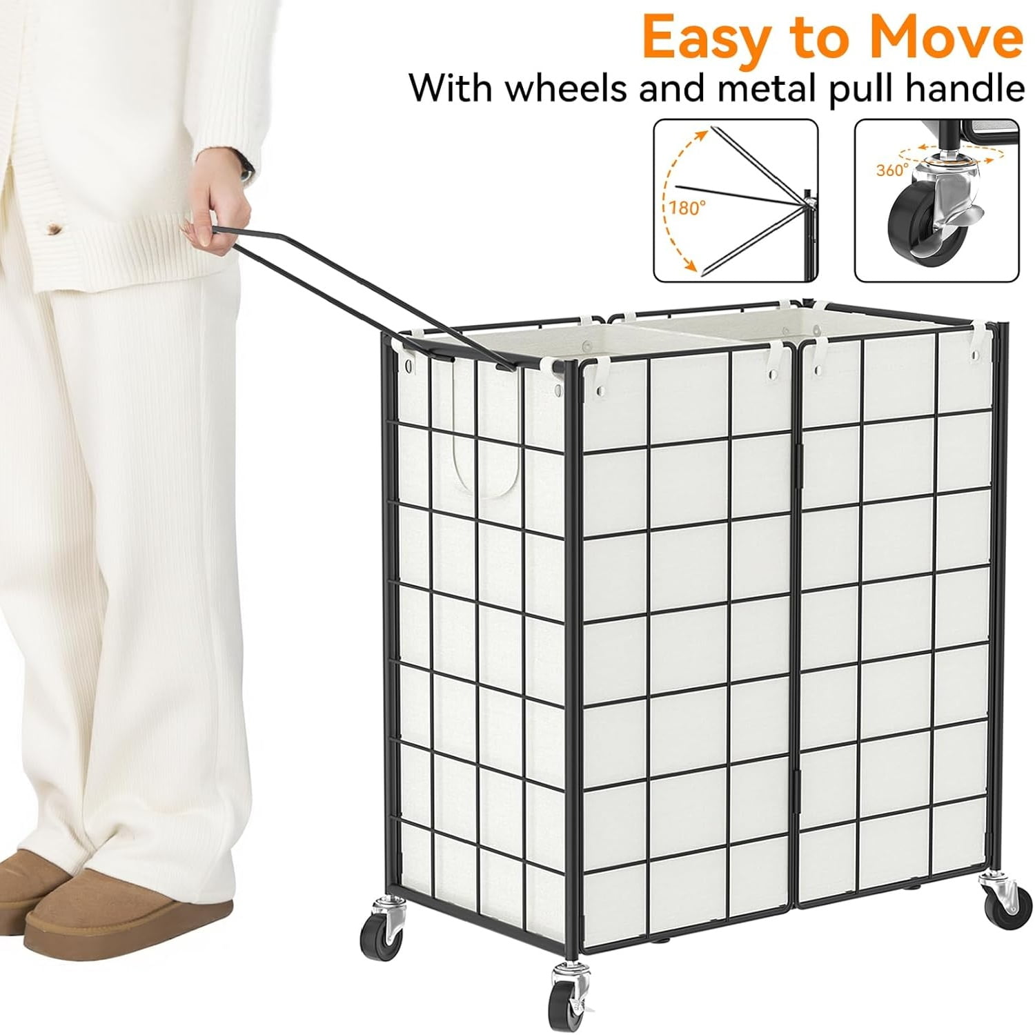 Double Laundry Hamper with Wheels,Metal Wire Frame Rolling Laundry Basket with 2 Removable bags,120L Dirty Clothes Hamper Organizer Dorm Room Storage for Bedroom,Bathroom