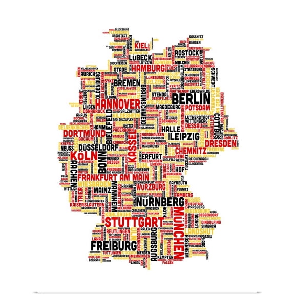 Great BIG Canvas | Rolled Michael Tompsett Poster Print entitled German Cities Text Map, German Colors on White