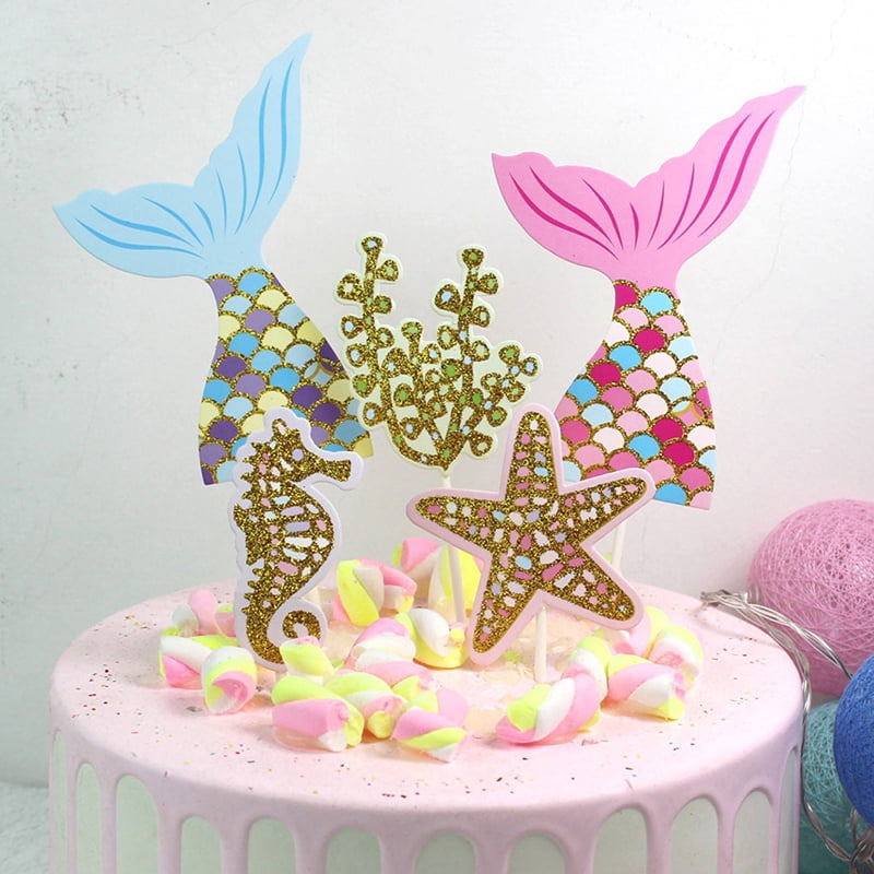 5pcs/set cute mermaid tail starfish coral seahorse cake toppers party suppliesHA
