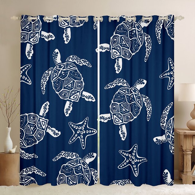 Erosebridal Rideaux Imprimés Tortue de Mer Lot de 2 (42x84), Étoile de Mer Mignonne 30 %-50 % Occultants, Bleu