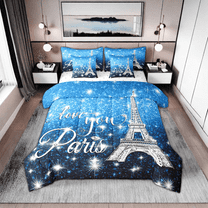 Erosebridal Paris Comforter Set Teens,Eiffel Tower Bed in A Bag King,Watercolor Blue Sparkles Sequins Bedding Sets,(Not Real) Diamond Reversible Bed Sets with Sheet Set,7 Piece