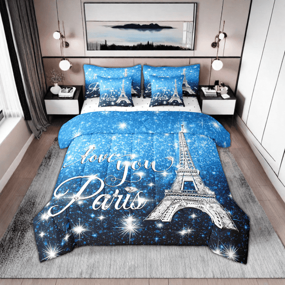 Erosebridal Paris Comforter Set Teens,Eiffel Tower Bed in A Bag Twin,Watercolor Blue Sparkles Sequins Bedding Sets,(Not Real) Diamond Reversible Bed Sets with Sheet Set,7 Piece