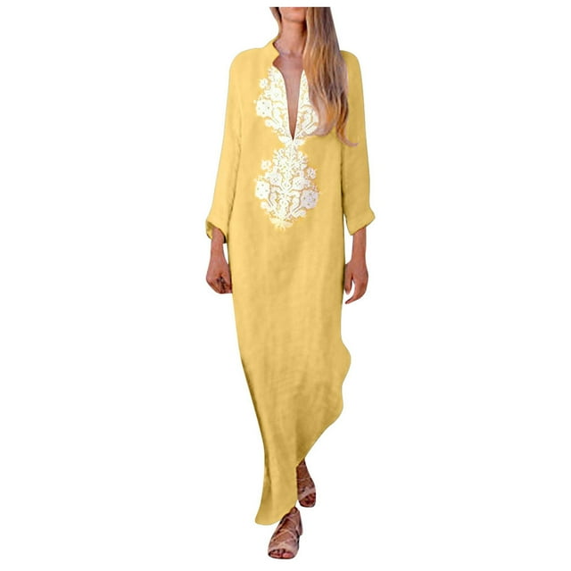 GYUJNB Robe d'Été Décontractée Sans Manches pour Femmes, Col en V, Longue, Dos Nu, Fente Latérale, Maxi, Jaune