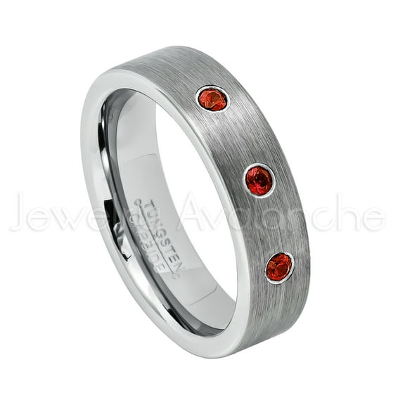 6mm Pipe Cut Tungsten Ring - 0.21ctw Garnet 3-stone Band - Personalized Tungsten Wedding Ring - Custom Made January Birthstone Ring TN019BS