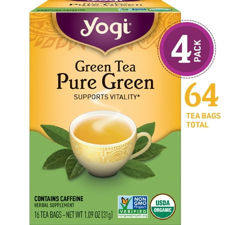 (Pack of 4) Yogi Tea, Green Tea Pure Green Tea, Tea Bags, 16 Ct, 1.09 OZ