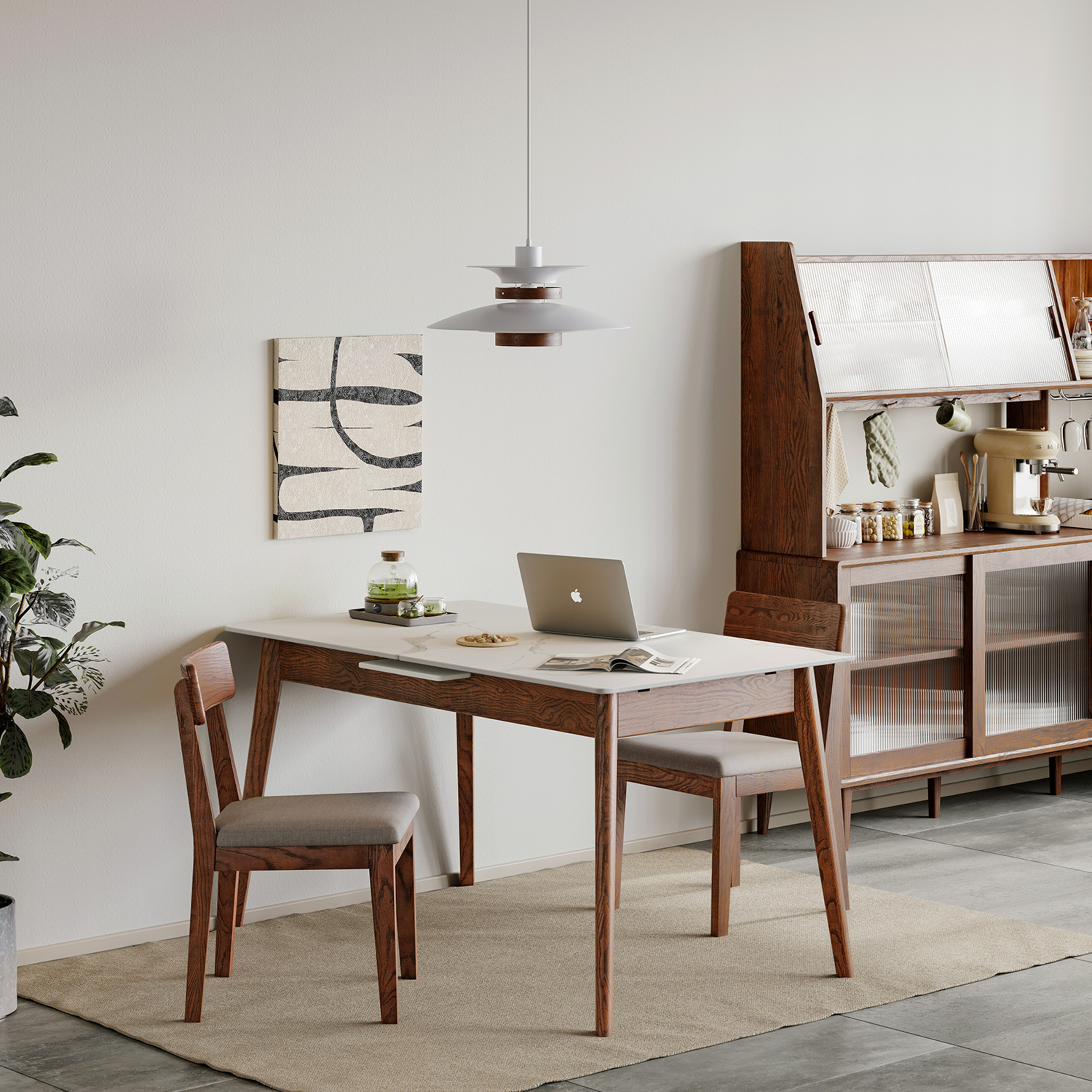 Walnut Solid Oak Dining Table with White Slate Top, Round Corner and Diagonal Legs, Telescopic Extendable 1.2-1.5m Table for 6-8 People, Adjustable Length, Walnut + White