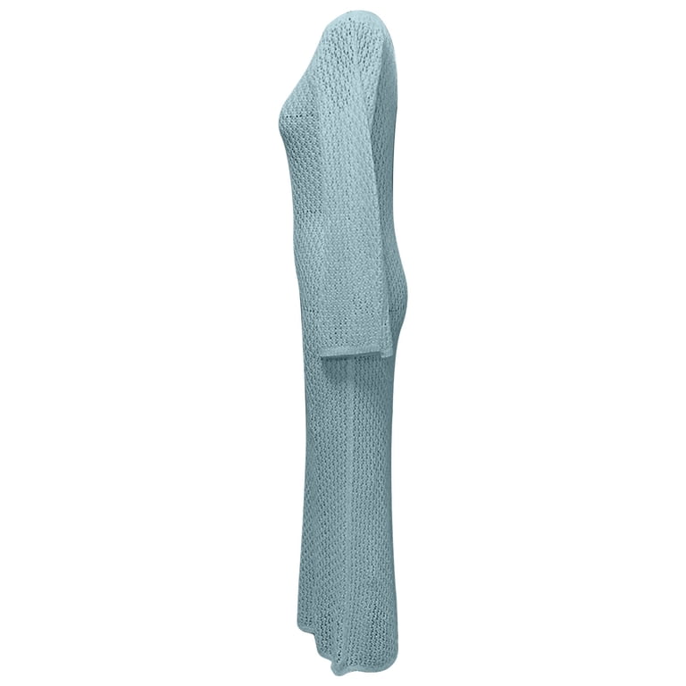 princess polly baby blue dress Crochet Knit Dress for Women Maxi Long Sleeve Sexy Hollow Out Bikini  Swimsuit Cover Up Fitted Fall Casual Dress (L, Light Blue)