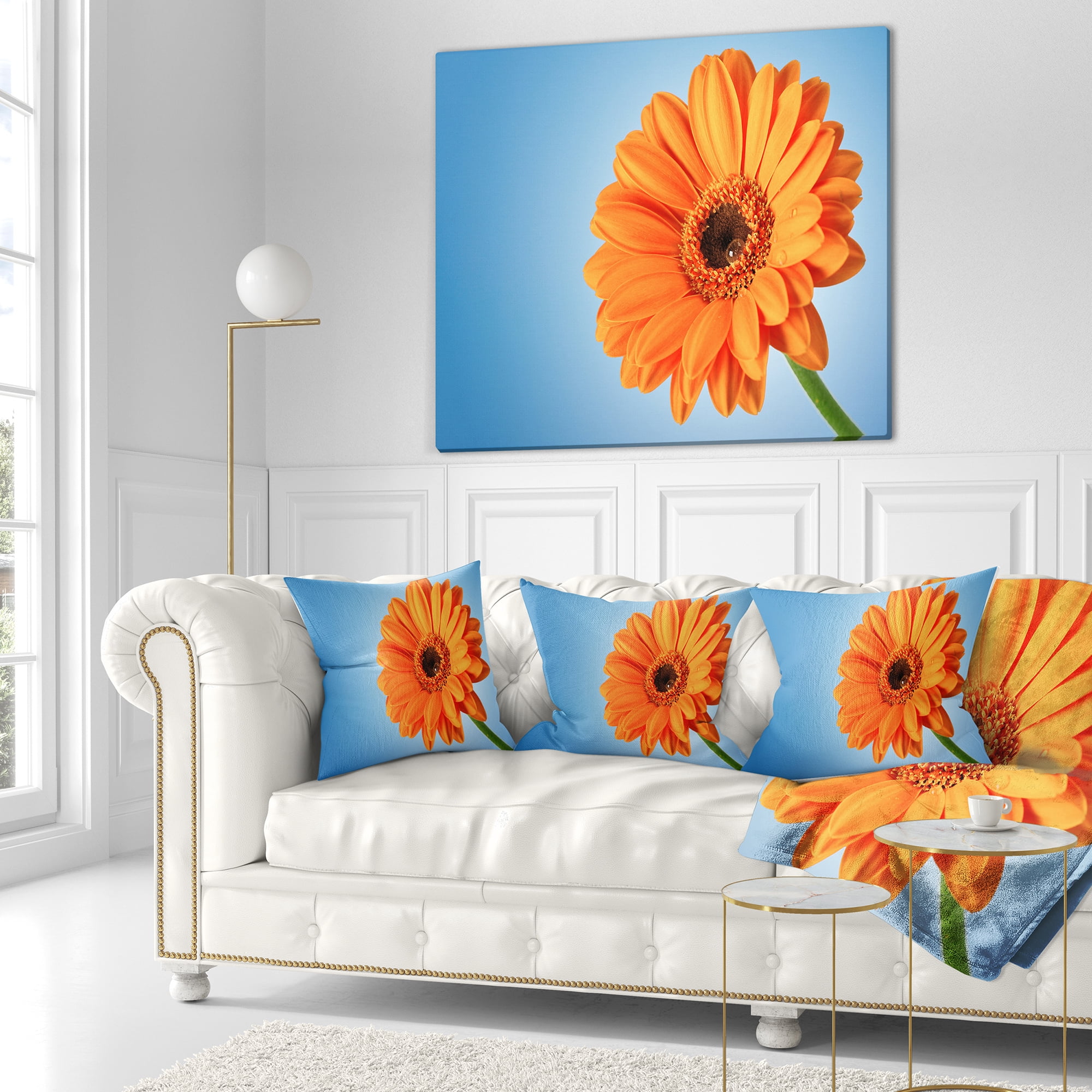 Designart Orange Daisy Gerbera Flower on Blue - Floral Throw Pillow - 16x16