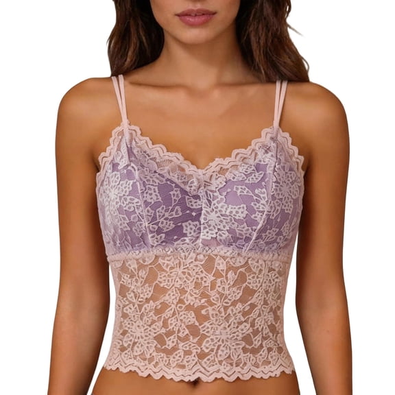 VNKIDY Womens V Neck Lace Cami Top With Double Spaghetti Straps Sheer Floral Pattern Cropped Slim Fit Bralette For Layering Under Intimate Wear Pink L