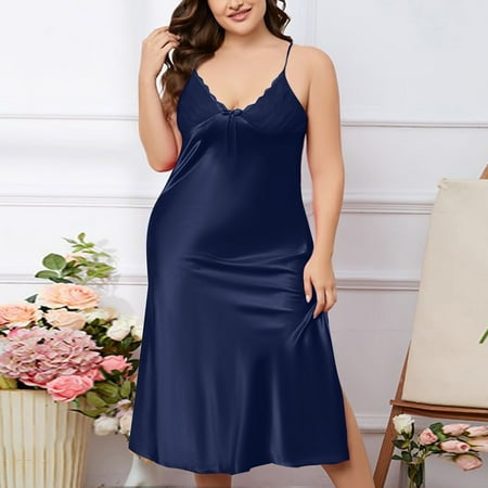 Nrmvnmi Plus Size Women Satin Babydoll Nightgown Chemises Lace Modal Sleepwear V-Neck Full Slip Sleep Dress