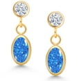thumbnail image 2 of Gem Stone King 14K Yellow Gold Fancy Blue Zirconia and White Zirconia Drop Dangle Earrings for Women (1.08 Cttw, Gemstone Birthstone, Oval 6X4MM, Round 3MM), 2 of 4