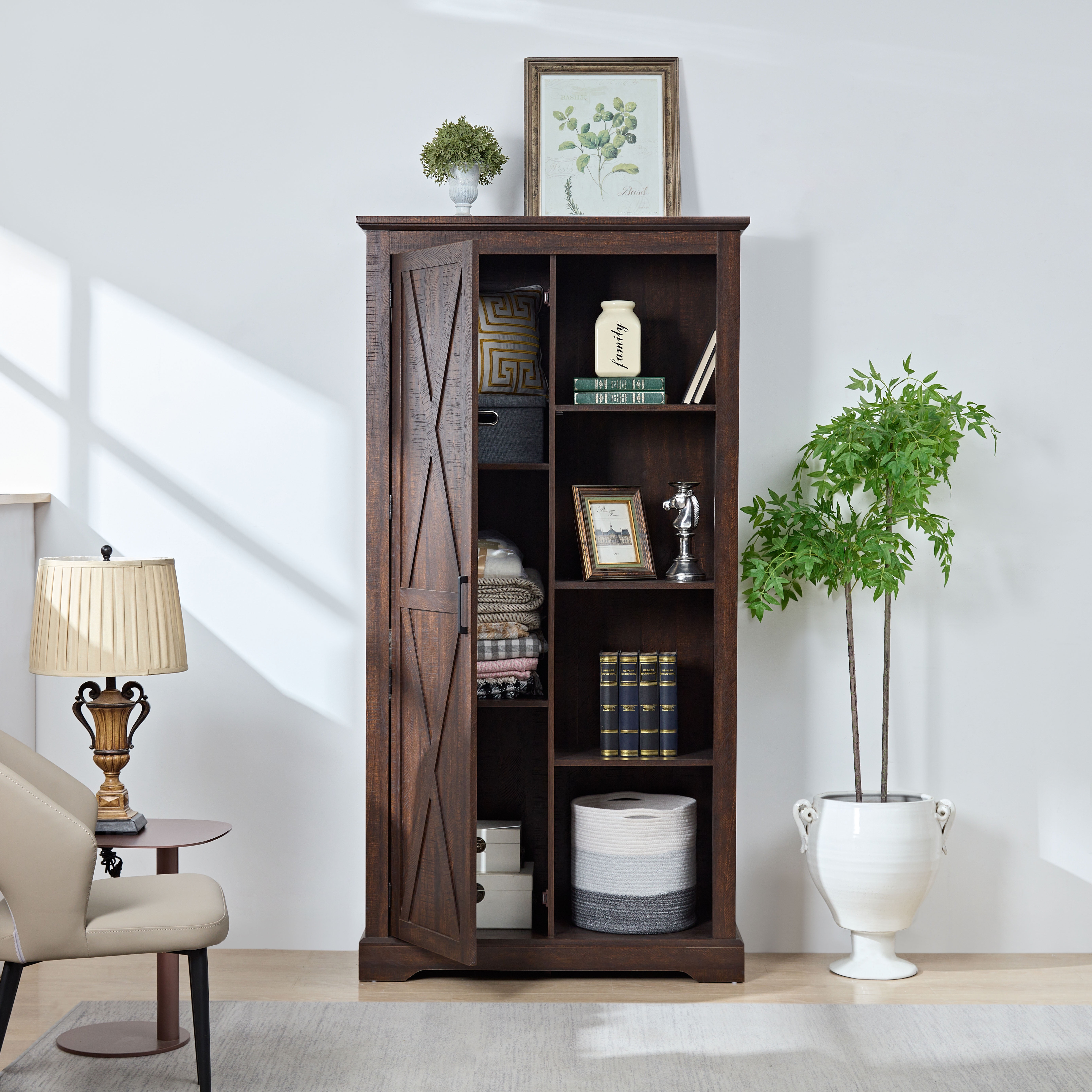 Rustic Farmhouse Tall Storage Cabinet Bookcase with Sliding Barn Door, Adjustable Shelf, Pantry Cupboard Kitchen Organizer Furniture Home Drawer Shelves