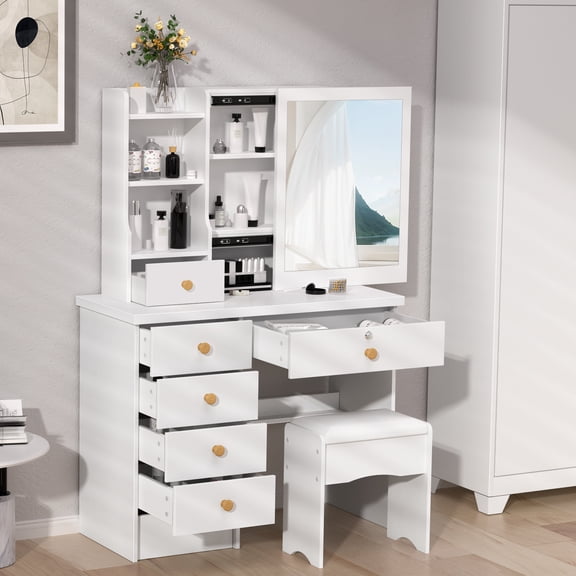 Fogcroll Vanity Desk with Mirror, Makeup Vanity with 6 Drawers and 3 Open Shelves Modern Vanity Set Dressing Table for Bedroom 31.5"(L) X 15.75"(W) X 53.15"(H) (White)