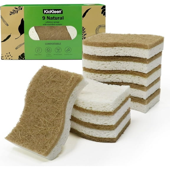 9 Pack Biodegradable Natural Kitchen Sponge - Compostable Cellulose and Coconut Walnut Scrubber Sponge - Eco Friendly Sustainable Sponges for Dishes