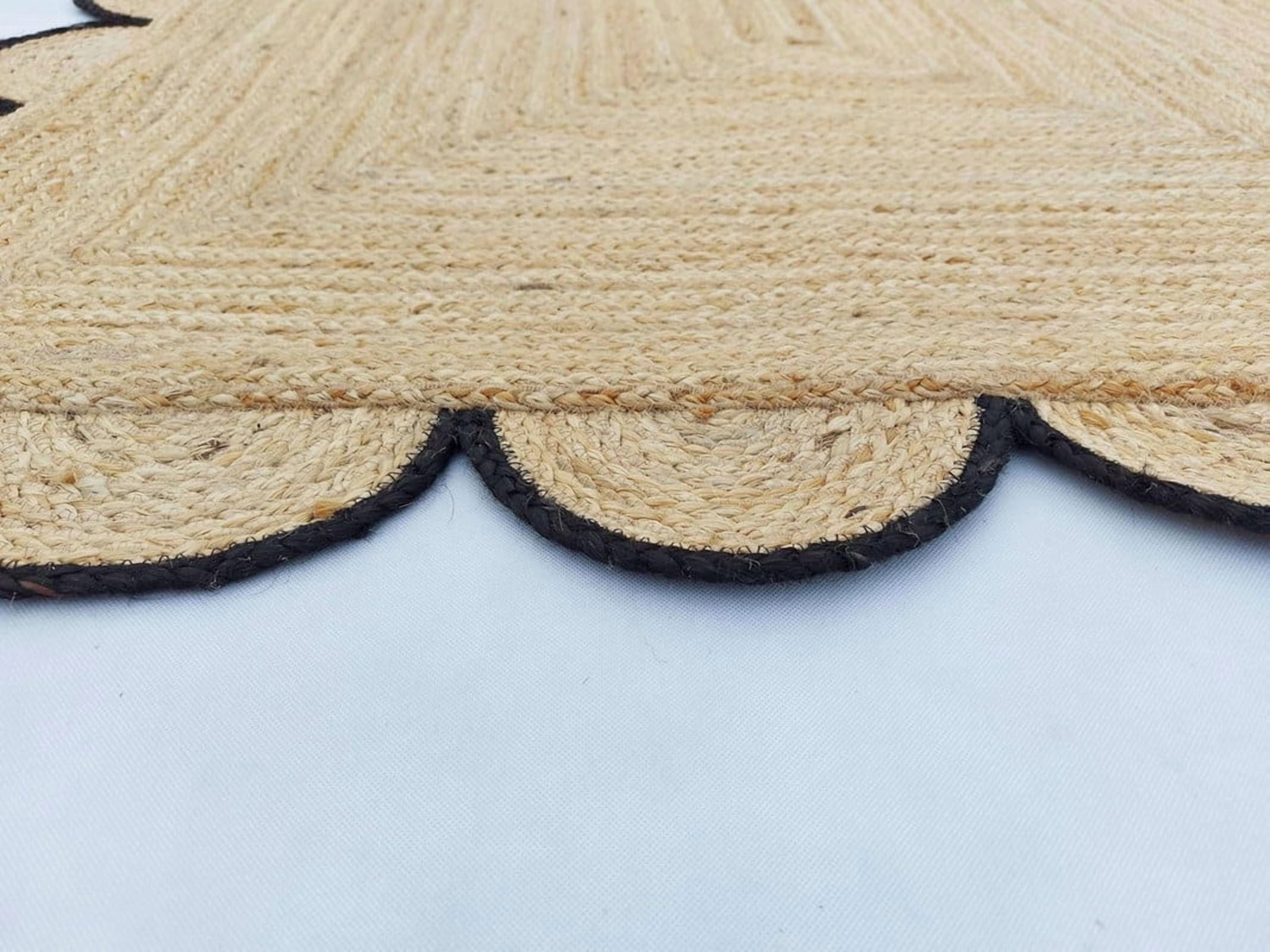 3x9 Ft Black Border Premium Scalloped Jute Rug – Handcrafted Natural Braided Carpet for Living Room, Bedroom, Entryway – Boho Home Decor