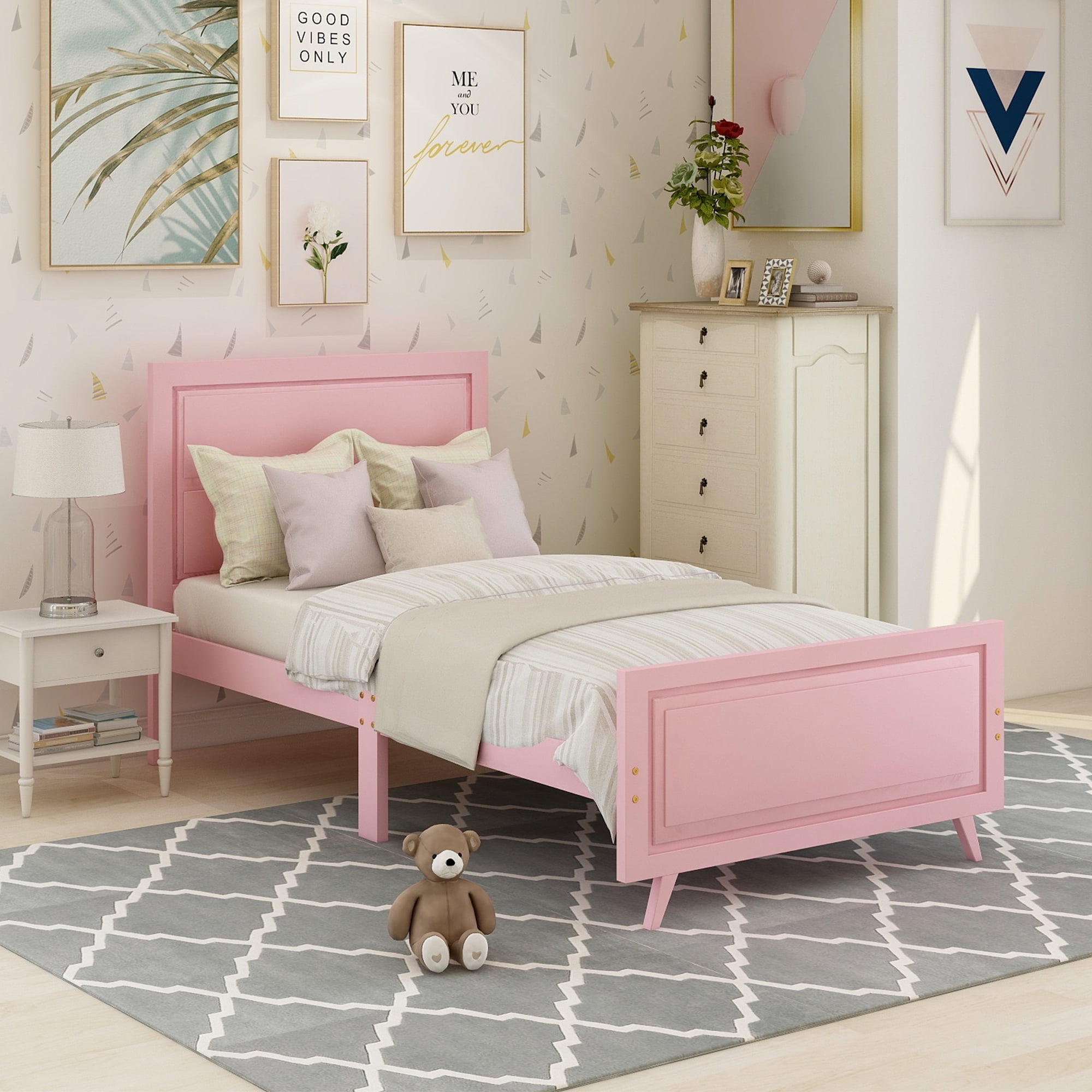 Kepooman Twin Size Wood Platform Bed Frame with Headboard & Footboard, 78.7" x 42.3" x 41.5", Pink Kepooman Twin Size Wood Platform Bed Frame with Headboard & Footboard, 78.7" x 42.3" x 41.5", Pink