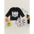 thumbnail image 2 of Bagilaanoe 3pcs Newborn Baby Girl Halloween Outfits Long Sleeve Letter Print T-Shirt Tops + Ghost Pumpkin Print Shorts + Headband 6M 12M 18M 24M Infant Casual Short Pants Set, 2 of 8