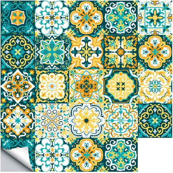 24PCS Green and Yellow Mosaic Wall Tile Transfers Stickers Self Adhesive Waterproof Kitchen Bathroom Tile Wall Sticker Vinyl Art Decals Retro Home