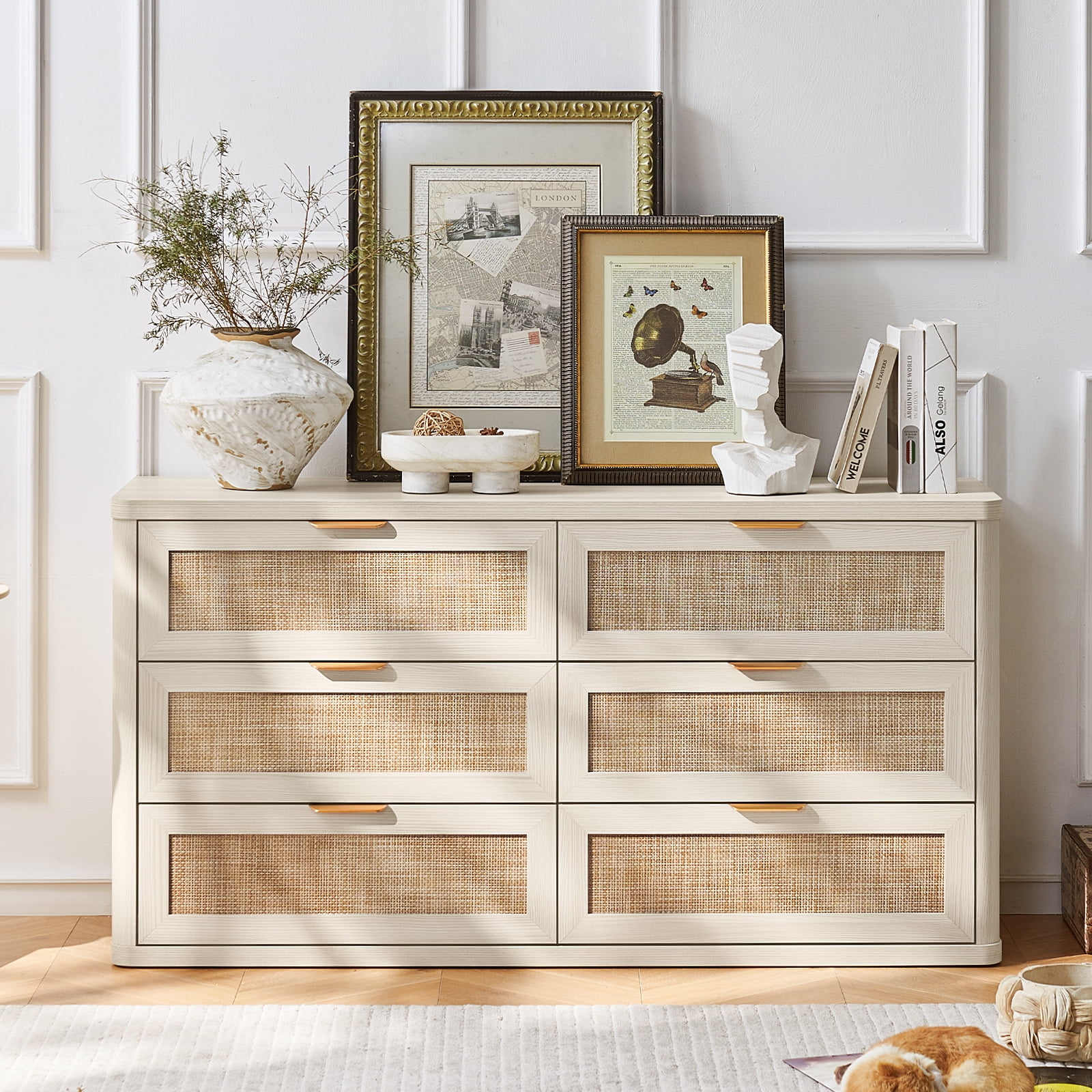6 Drawer Dresser for Bedroom, Boho&Modern Wood Chest of Drawer with Golden Embedded Handles for Living Room, White Oak