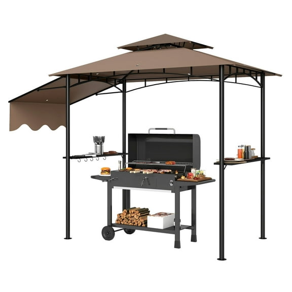 Grill Gazebo 8'x5' - BBQ Shelter with Awning, Shelves & Hooks - Brown