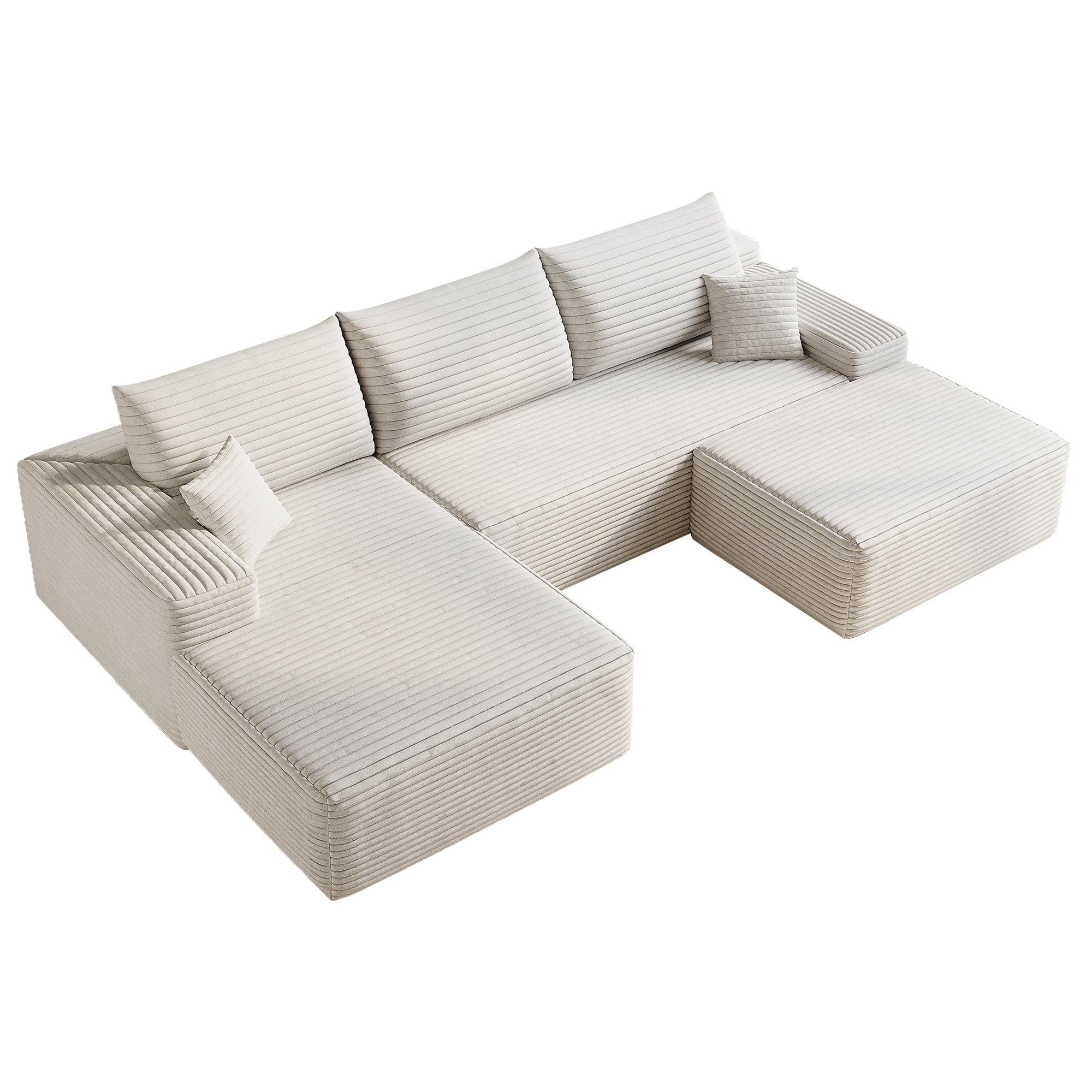 MAYEERTY 107" Cloud Sectional Sofa with 1 Ottoman, Modern Minimalist U-Shaped Deep Seat Couch, No Assembly Plush Corduroy Fabric, White (3 packages)