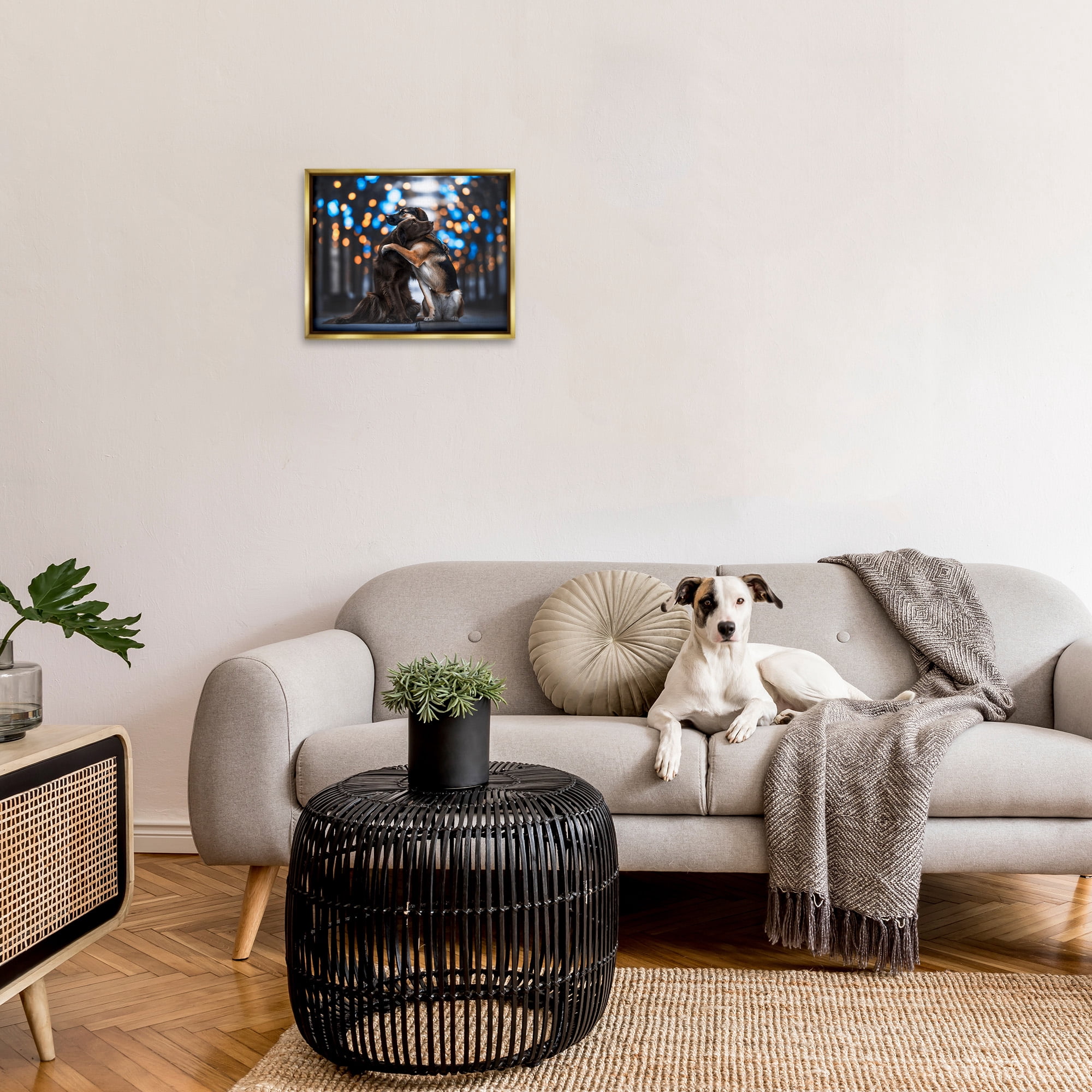 Stupell Industries Hugging Dogs with Bokeh Animals & Insects Painting Gold Floater Framed Canvas Art Print Wall Art, 21 x 17