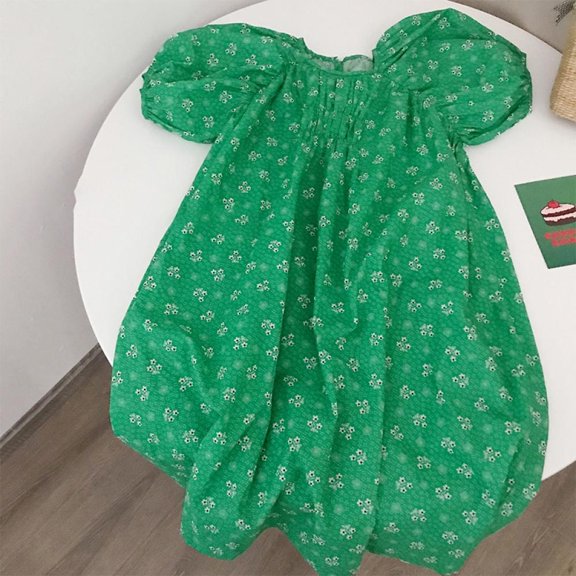 Girl Short Puff Sleeve Dress Summer Pleat Cotton Dress