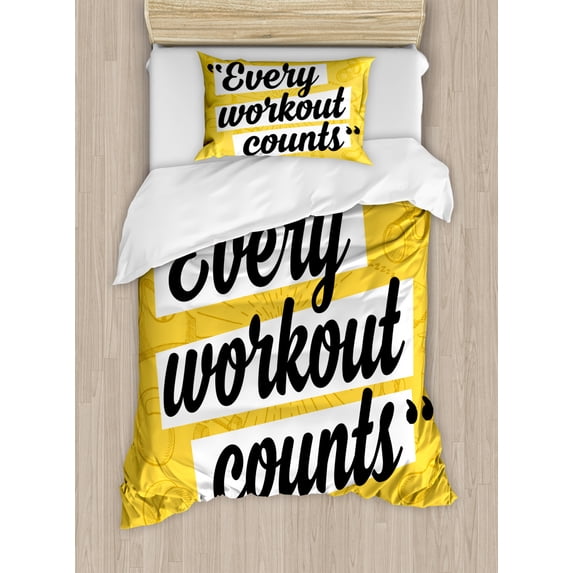 Fitness Duvet Cover Set, Every Workout Counts Phrase in Writing Marks Sportive Living Theme, Decorative 2 Piece Bedding Set with 1 Pillow Shams, Twin Size, Yellow White and Black, by Ambesonne
